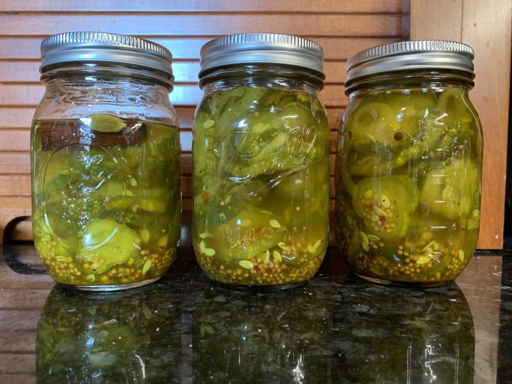 3 pint jars of bread-and-butter pickles.