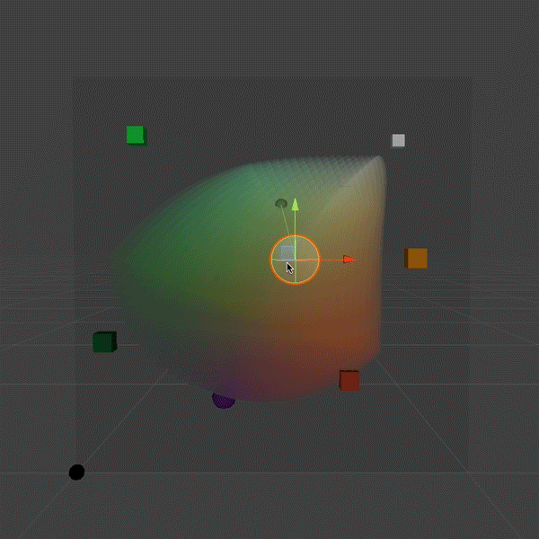 An animated GIF showing a non-linear 3D color gamut in RGB space. A thin colored line shows the path taken by gradient descent from the middle of the gamut to reach the closest possible point to any given RGB color.